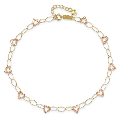 14K Two-Tone Adjustable Heart 9in Plus 1in Extension Anklet