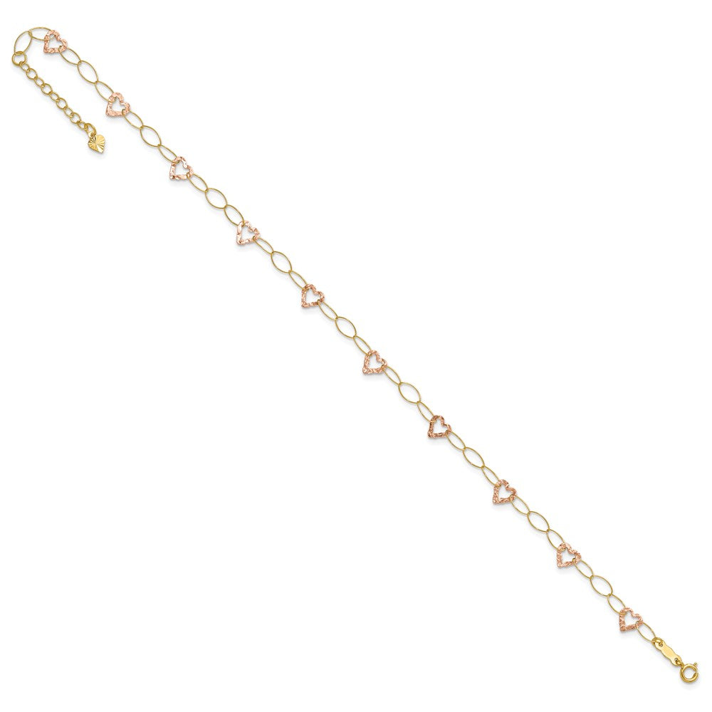 14K Two-Tone Adjustable Heart 9in Plus 1in Extension Anklet