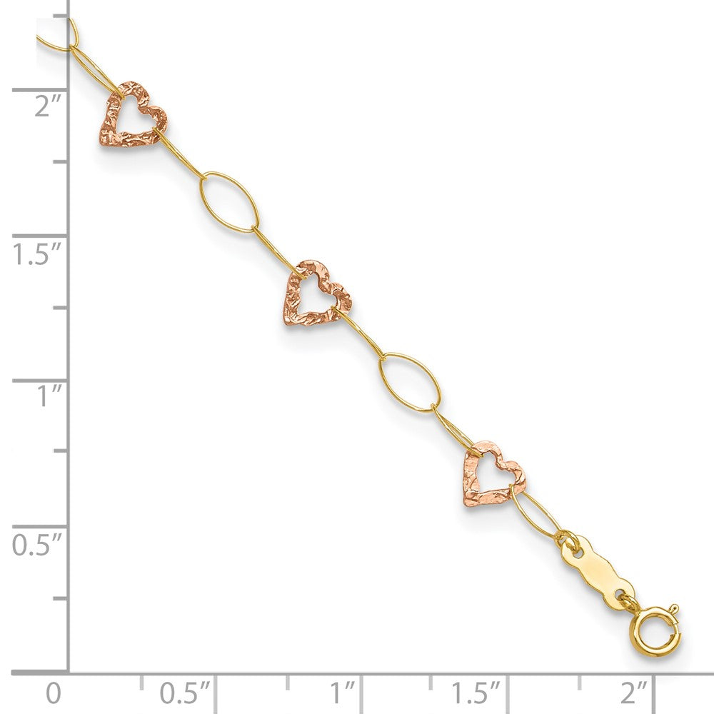 14K Two-Tone Adjustable Heart 9in Plus 1in Extension Anklet