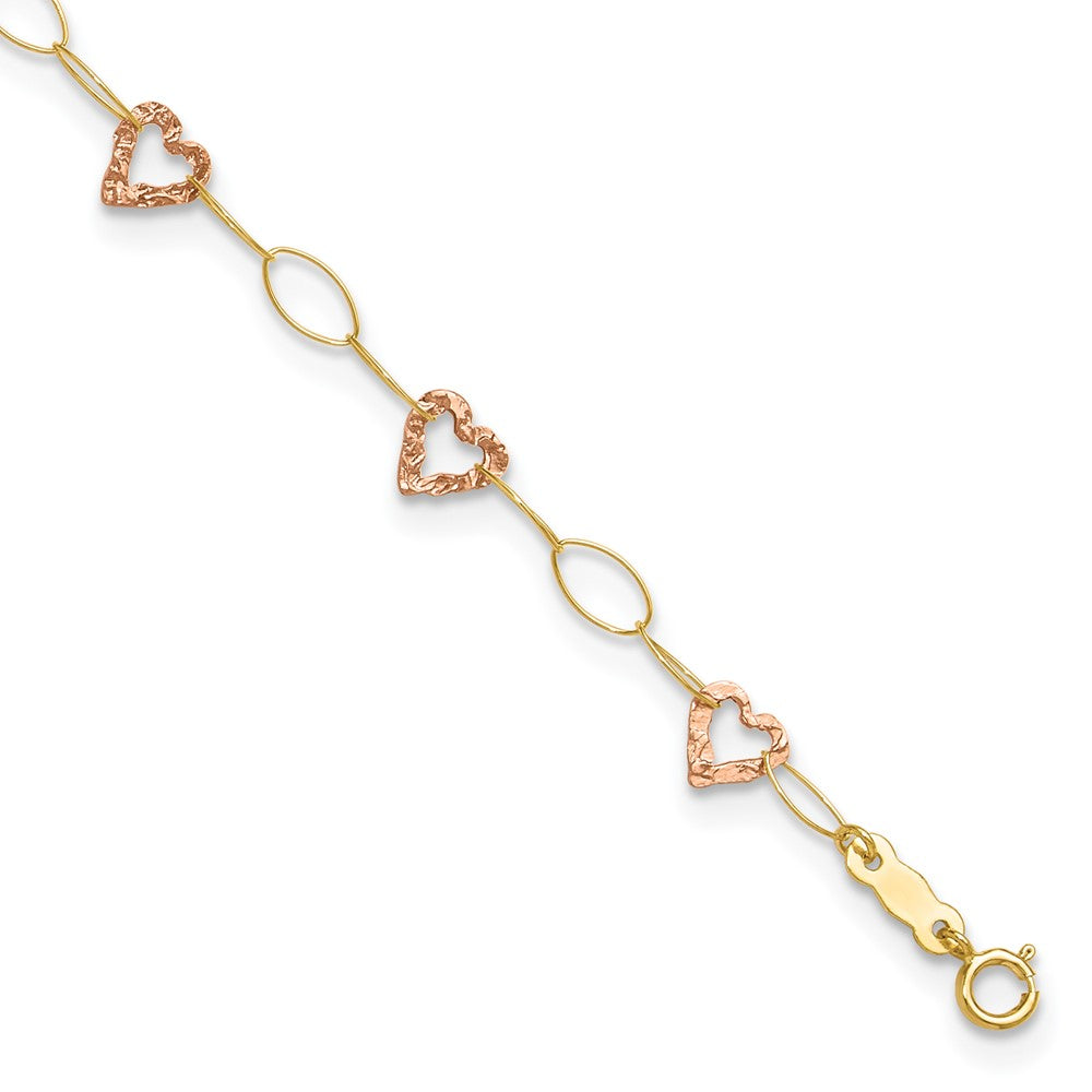14K Two-Tone Adjustable Heart 9in Plus 1in Extension Anklet