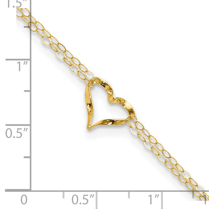 14k Yellow Gold Double Strand Heart 9 Inch with 1 Inch extension Anklet Body Fine Jewelry