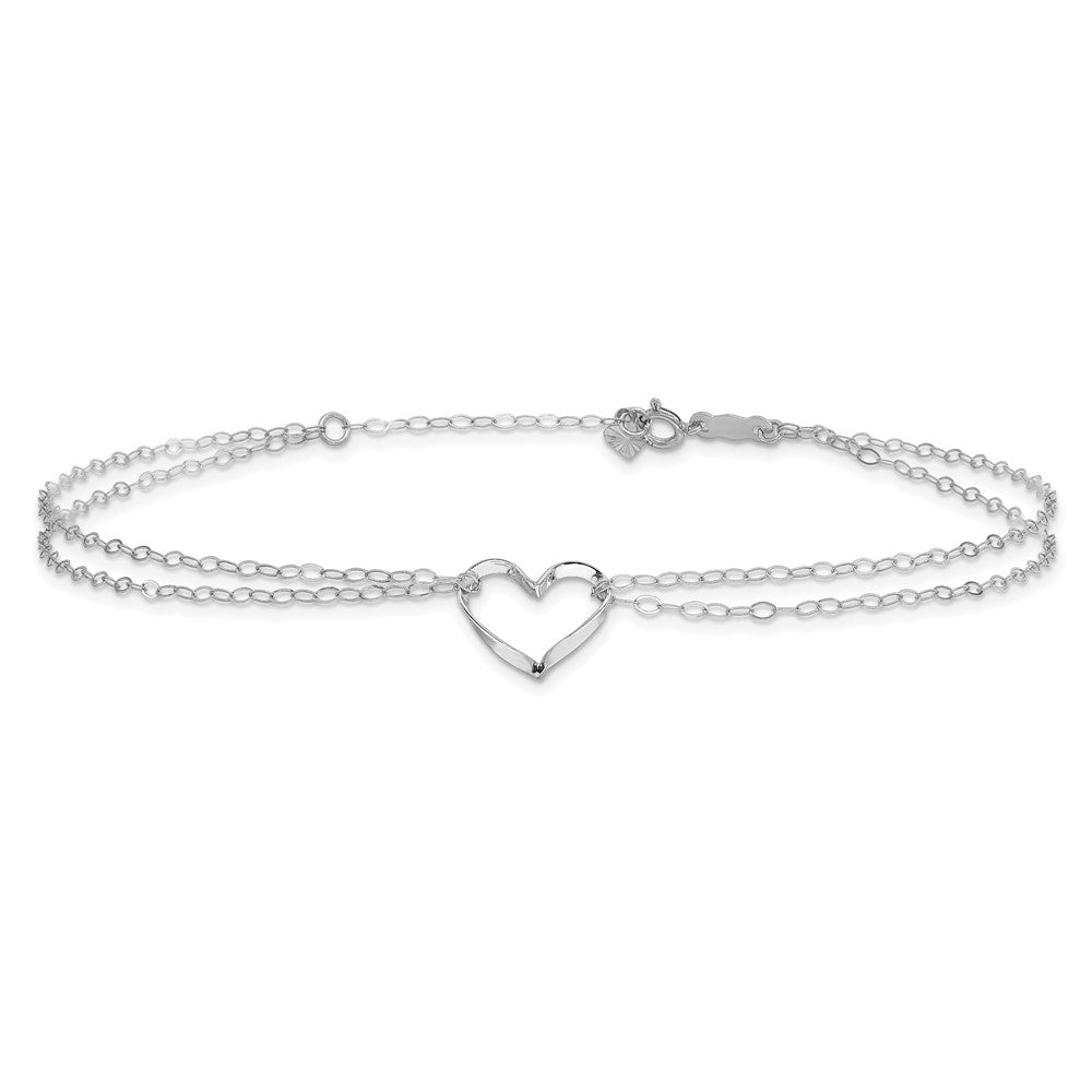 14K White Gold Double Strand Heart 10in Plus 1in Ext. Anklet
