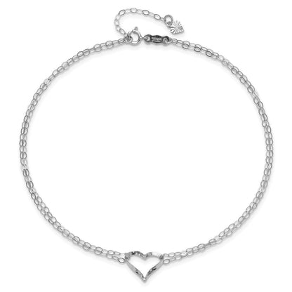 14K White Gold Double Strand Heart 10in Plus 1in Ext. Anklet