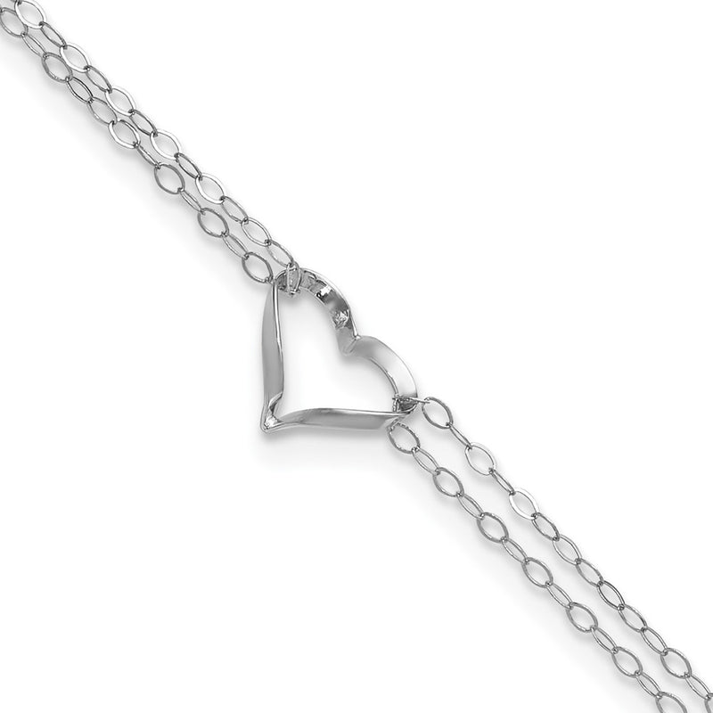 14K White Gold Double Strand Heart 10in Plus 1in Ext. Anklet