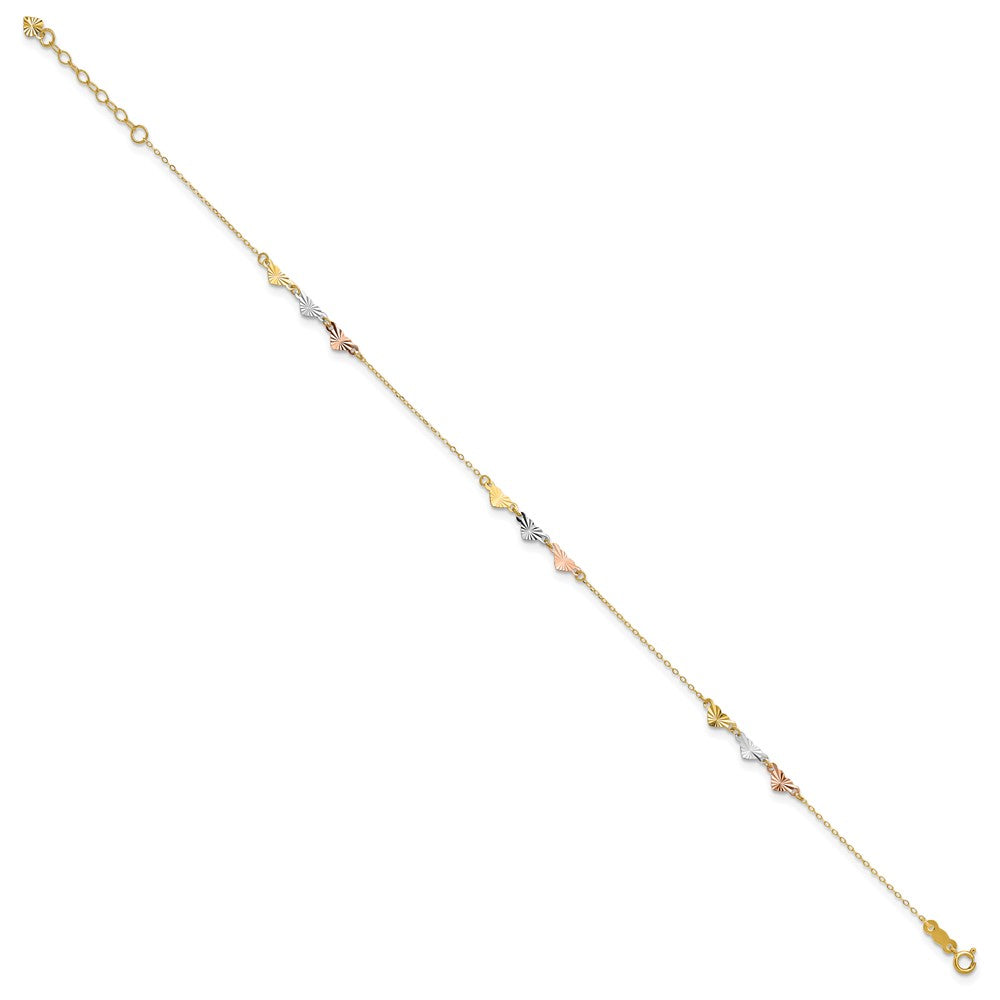 14K Tri-Color Diamond-Cut Hearts 9in Plus 1in Ext Anklet