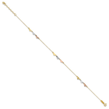 14K Tri-Color Diamond-Cut Hearts 9in Plus 1in Ext Anklet