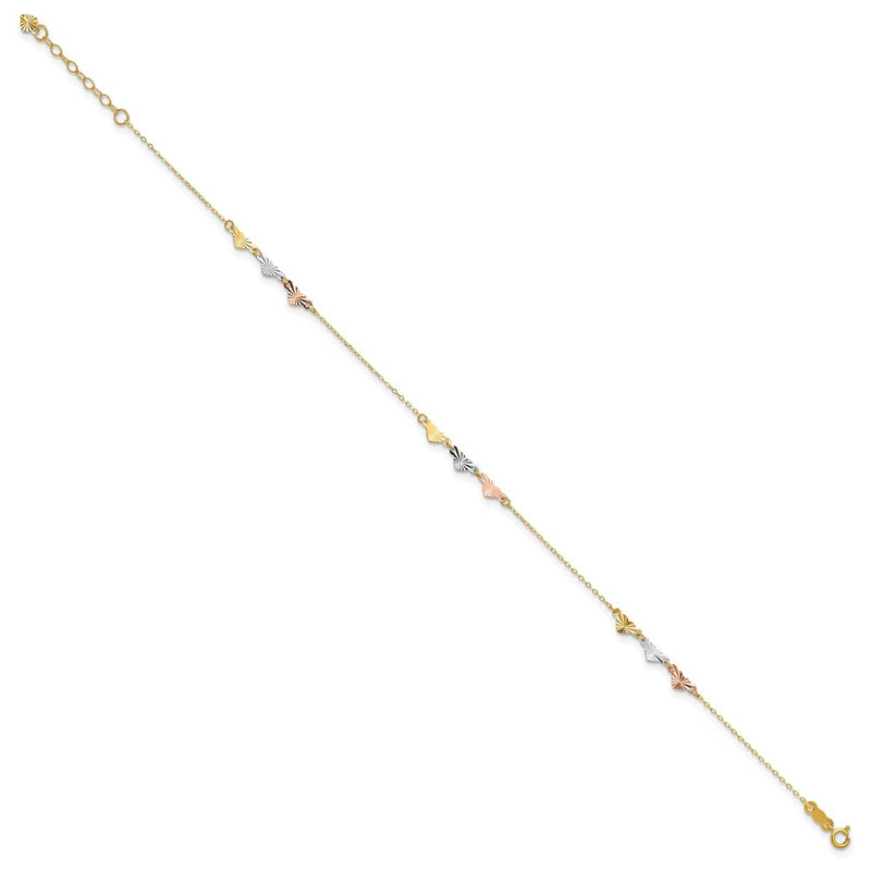 14K Tri-Color Diamond-Cut Hearts 9in Plus 1in Ext Anklet