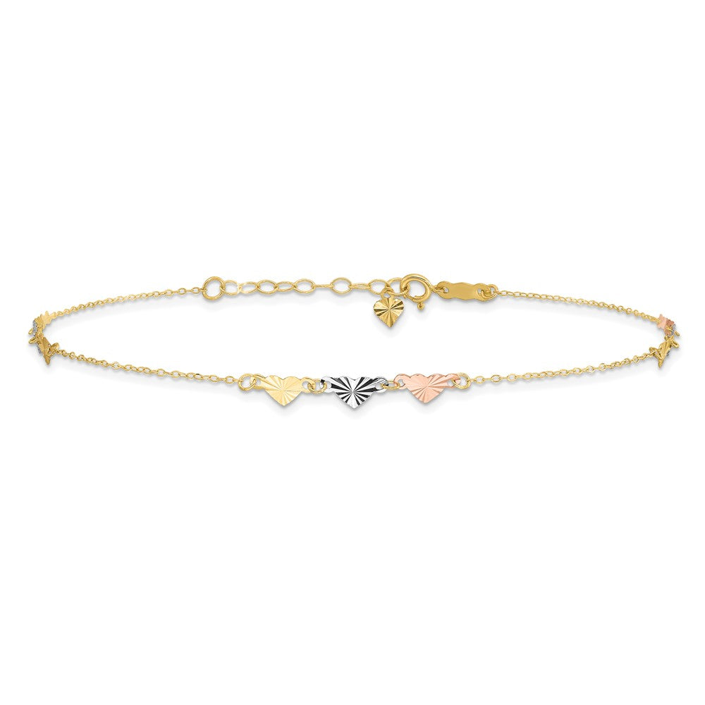 14K Tri-Color Diamond-Cut Hearts 9in Plus 1in Ext Anklet