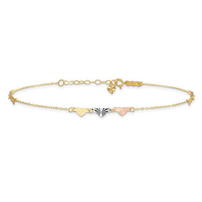 14K Tri-Color Diamond-Cut Hearts 9in Plus 1in Ext Anklet