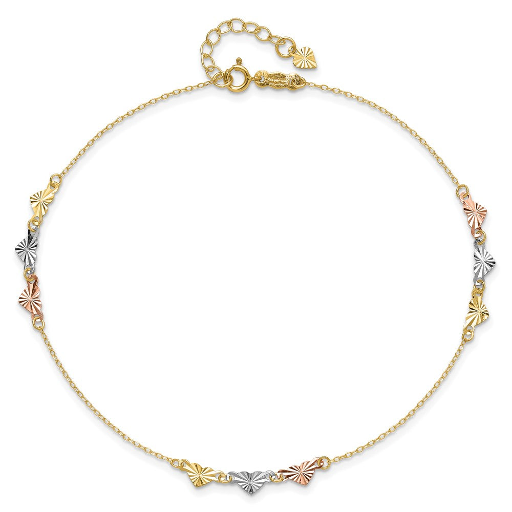 14K Tri-Color Diamond-Cut Hearts 9in Plus 1in Ext Anklet