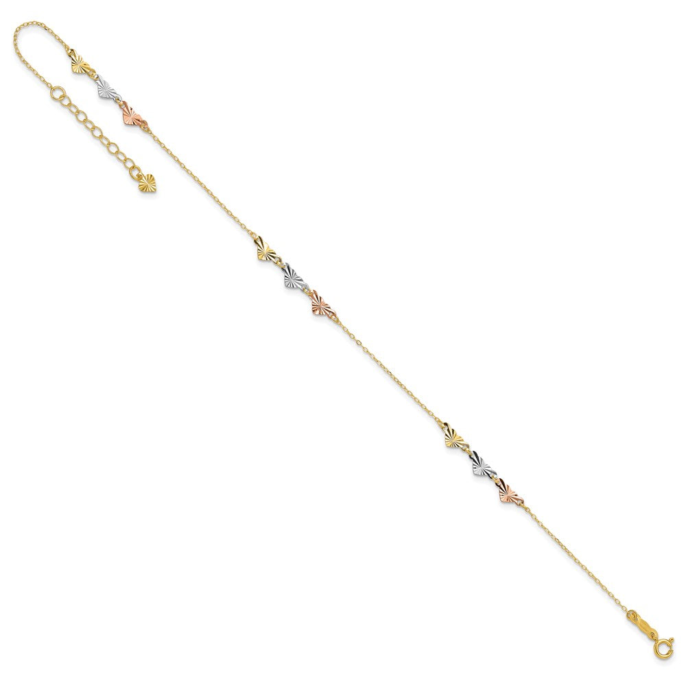 14K Tri-Color Diamond-Cut Hearts 9in Plus 1in Ext Anklet