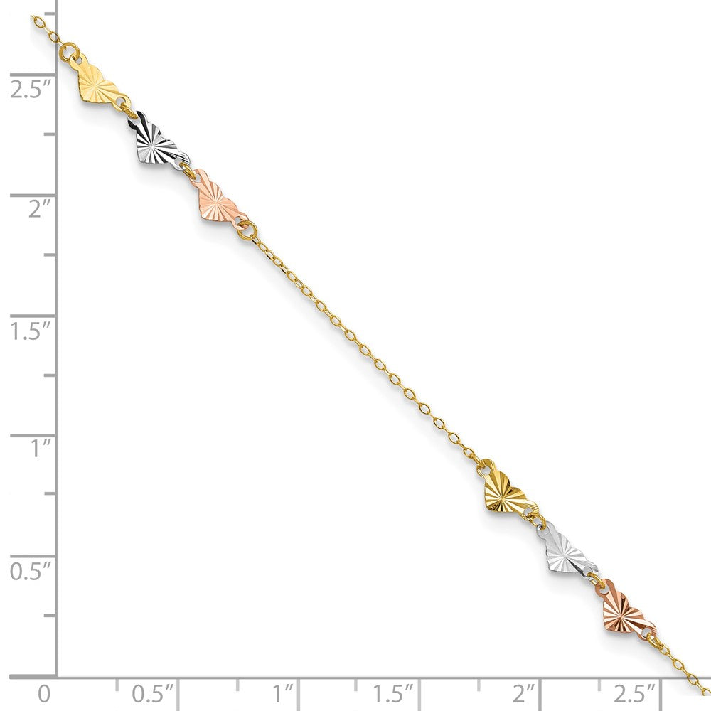 14K Tri-Color Diamond-Cut Hearts 9in Plus 1in Ext Anklet