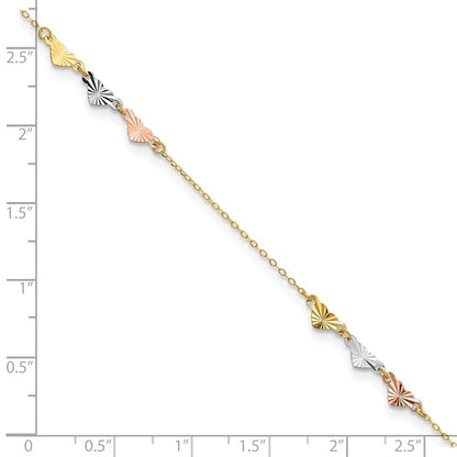 14K Tri-Color Diamond-Cut Hearts 9in Plus 1in Ext Anklet