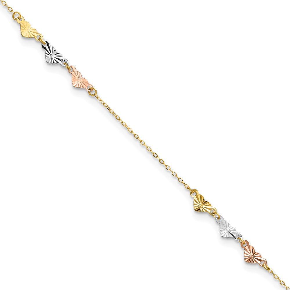 14K Tri-Color Diamond-Cut Hearts 9in Plus 1in Ext Anklet
