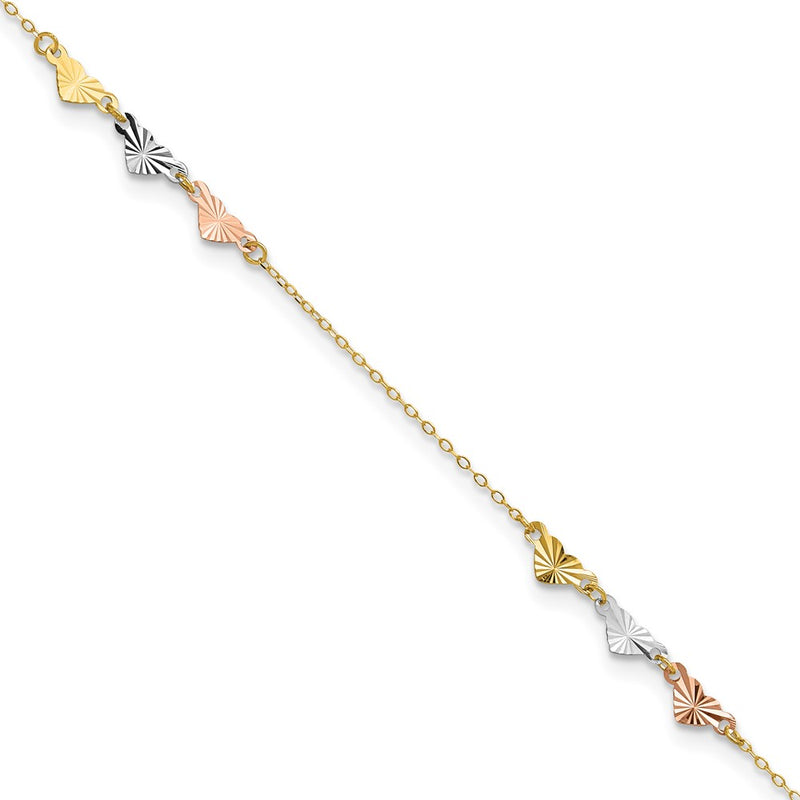 14K Tri-Color Diamond-Cut Hearts 9in Plus 1in Ext Anklet
