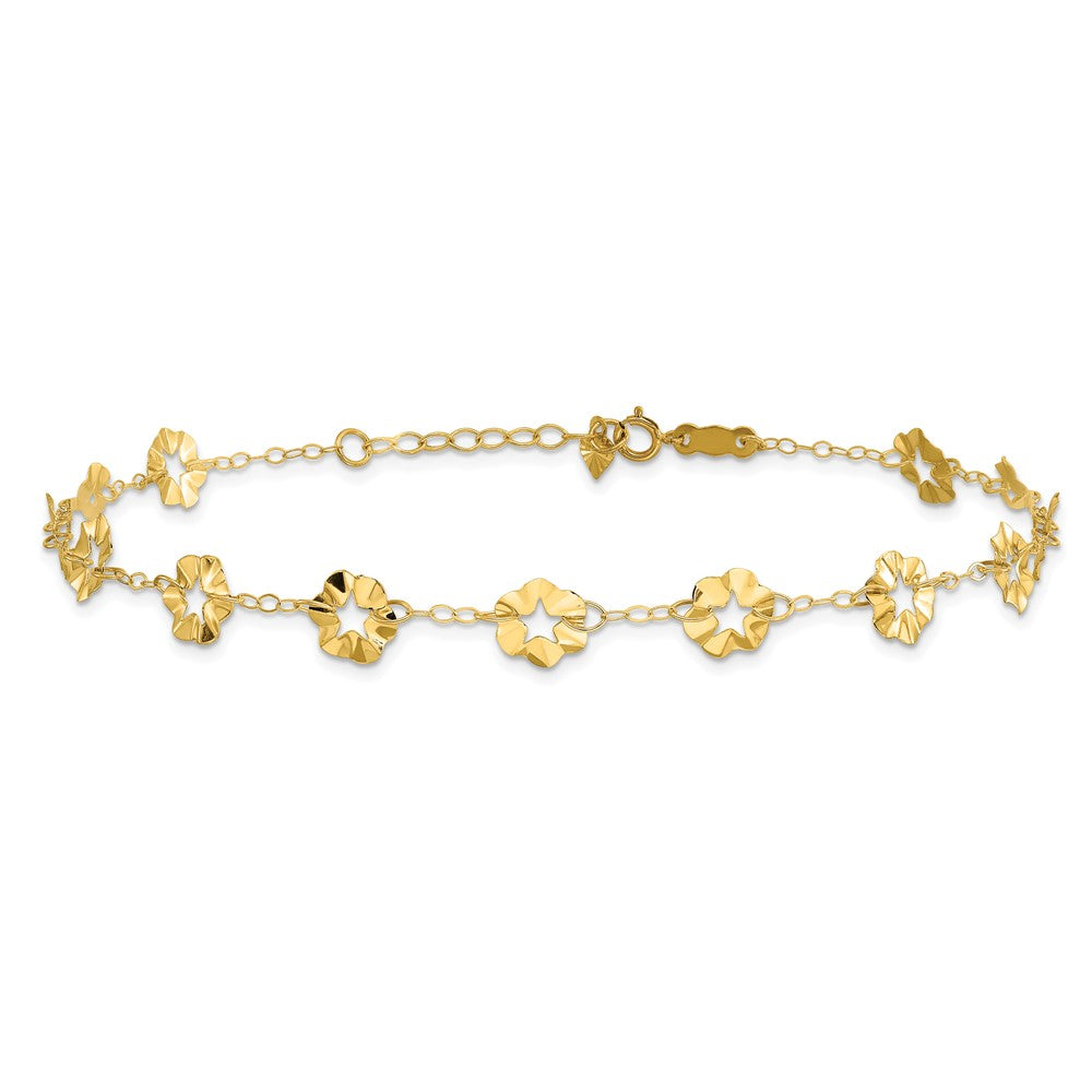 14K Yellow Gold Adjustable Flower 10in Plus 1in Ext. Anklet