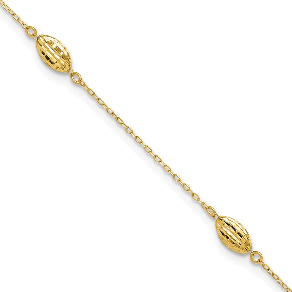 14K Yellow Gold Polished Puffed Rice Bead 10in Plus 1in Ext. Anklet