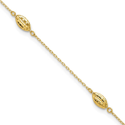 14K Yellow Gold Polished Puffed Rice Bead 10in Plus 1in Ext. Anklet