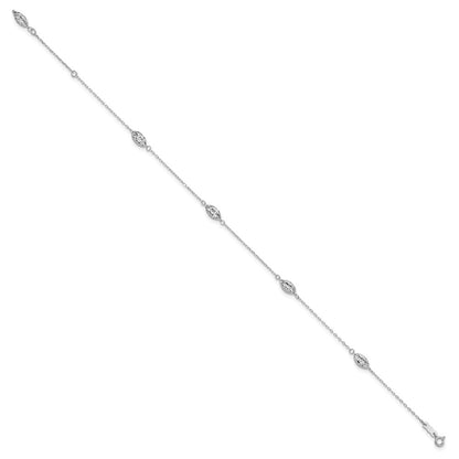 14K White Gold Puffed Rice Bead 10in Plus 1in Ext. Anklet