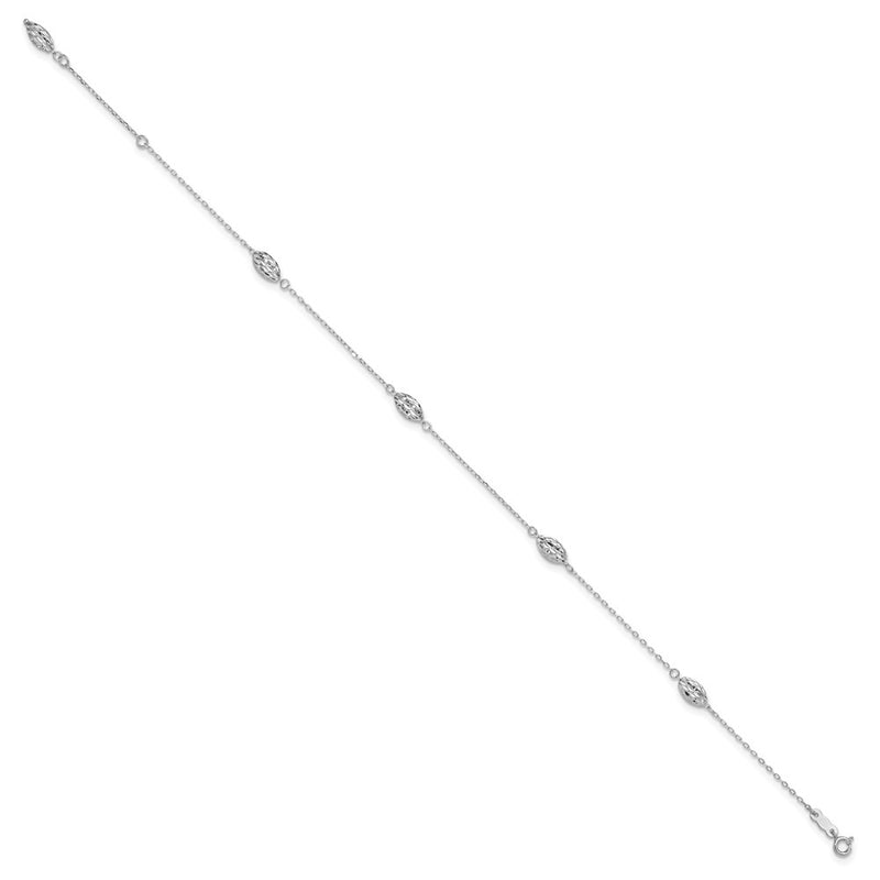 14K White Gold Puffed Rice Bead 10in Plus 1in Ext. Anklet