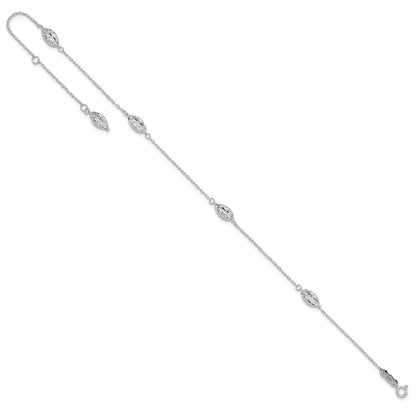 14K White Gold Puffed Rice Bead 10in Plus 1in Ext. Anklet