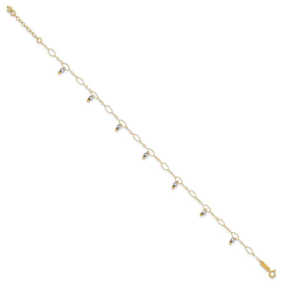 14K Two-Tone Mirror Beaded 9in Plus 1in Ext. Anklet