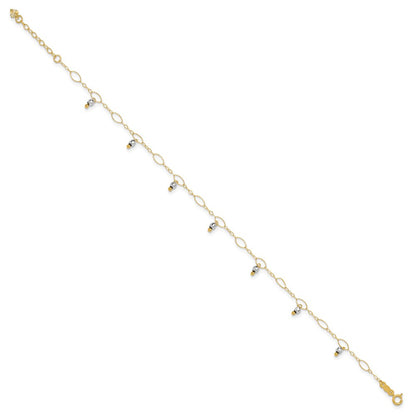 14K Two-Tone Mirror Beaded 9in Plus 1in Ext. Anklet