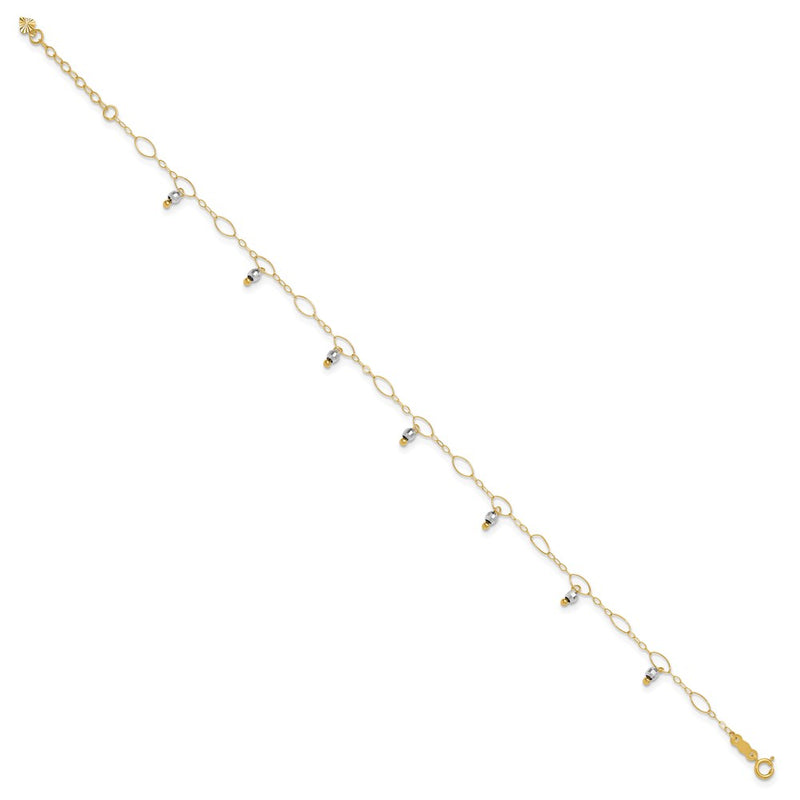 14K Two-Tone Mirror Beaded 9in Plus 1in Ext. Anklet