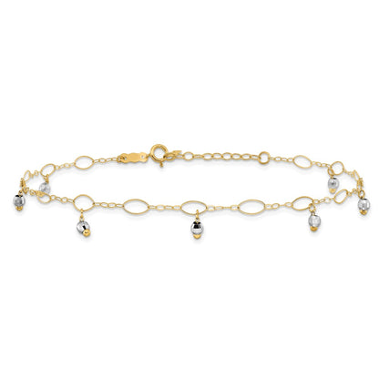 14K Two-Tone Mirror Beaded 9in Plus 1in Ext. Anklet