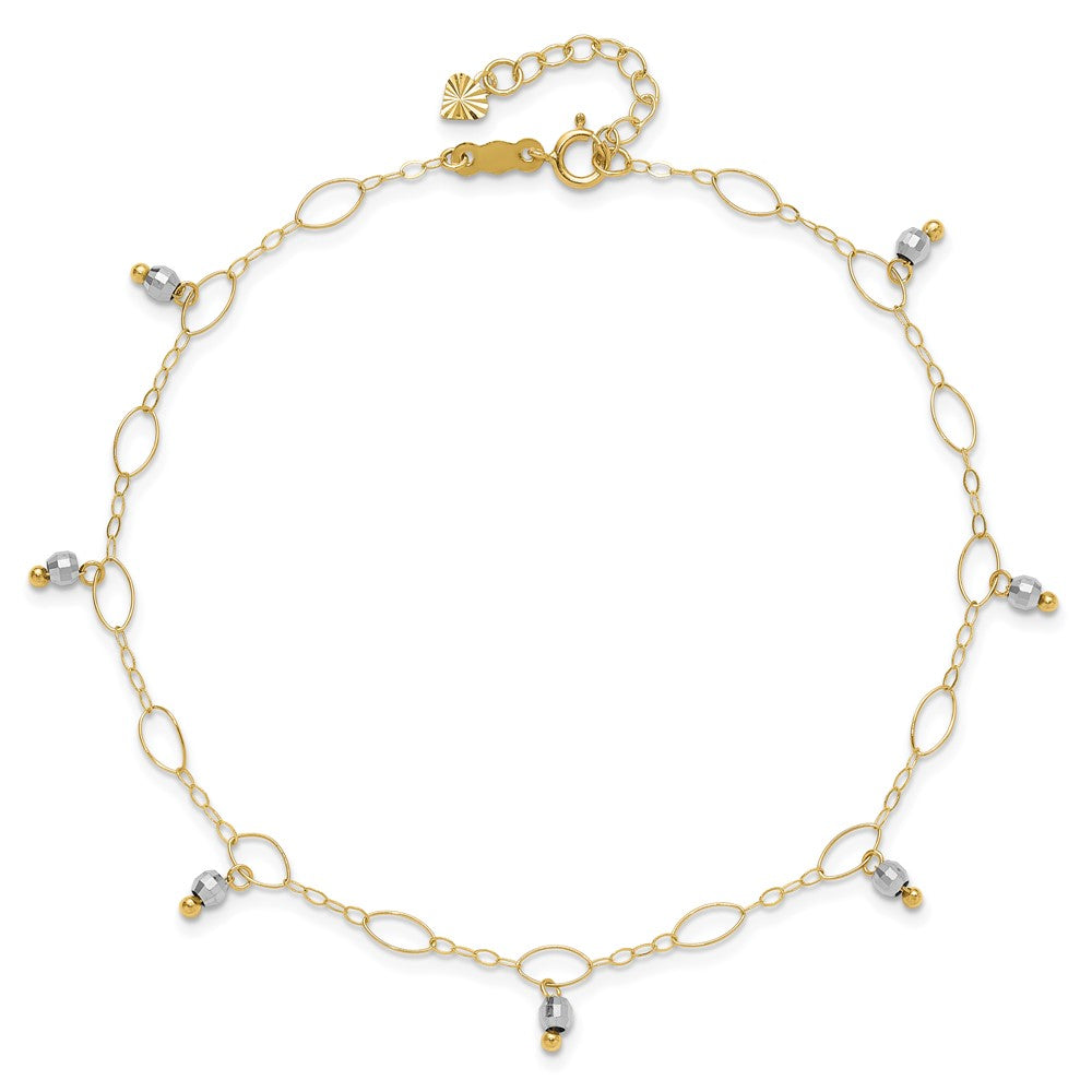 14K Two-Tone Mirror Beaded 9in Plus 1in Ext. Anklet