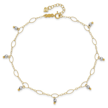 14K Two-Tone Mirror Beaded 9in Plus 1in Ext. Anklet