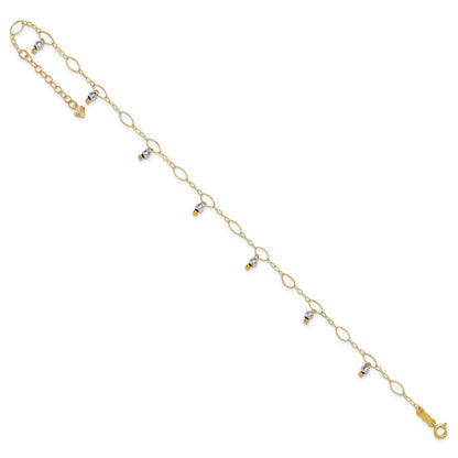 14K Two-Tone Mirror Beaded 9in Plus 1in Ext. Anklet