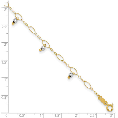 14K Two-Tone Mirror Beaded 9in Plus 1in Ext. Anklet