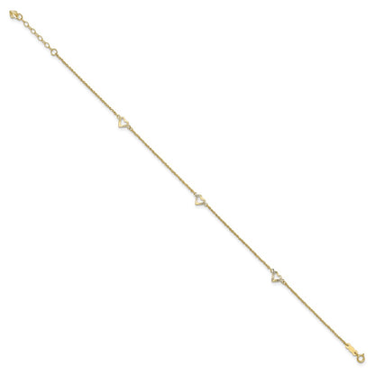 14K Yellow Gold Diamond-Cut Hearts 9in Plus 1in Ext Anklet
