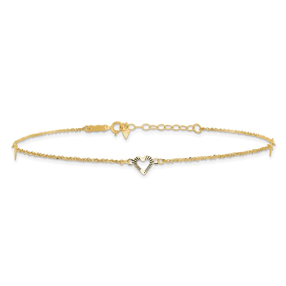 14K Yellow Gold Diamond-Cut Hearts 9in Plus 1in Ext Anklet