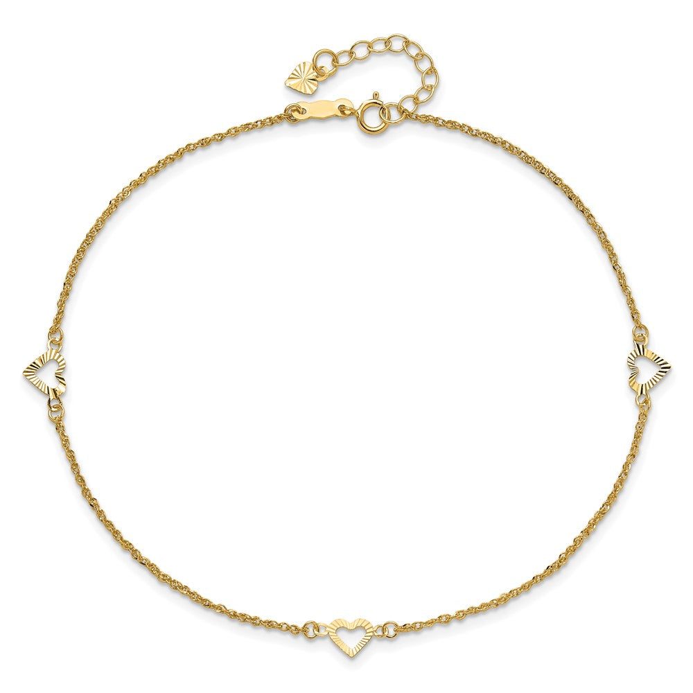14K Yellow Gold Diamond-Cut Hearts 9in Plus 1in Ext Anklet