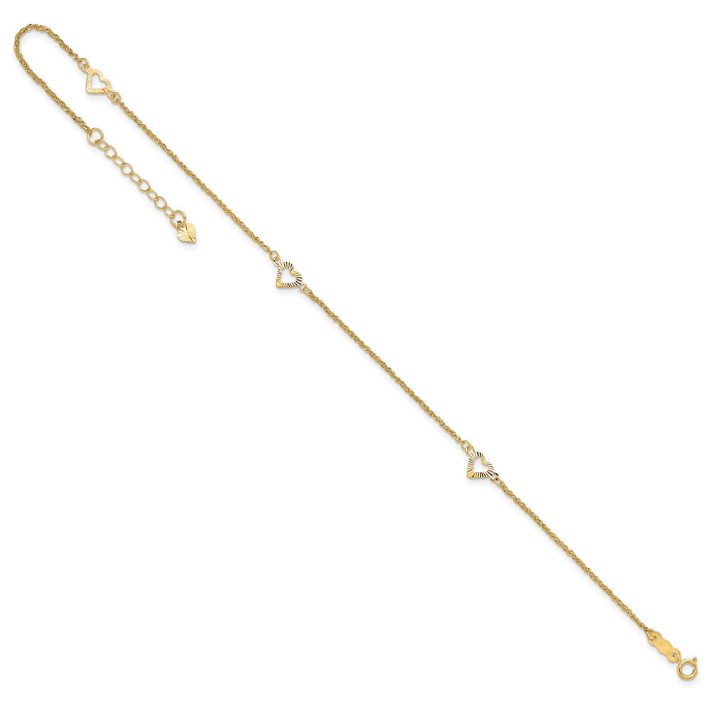 14K Yellow Gold Diamond-Cut Hearts 9in Plus 1in Ext Anklet