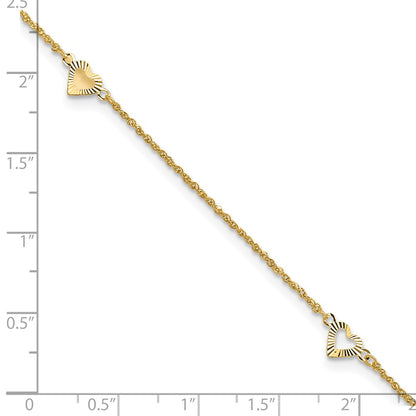 14K Yellow Gold Diamond-Cut Hearts 9in Plus 1in Ext Anklet