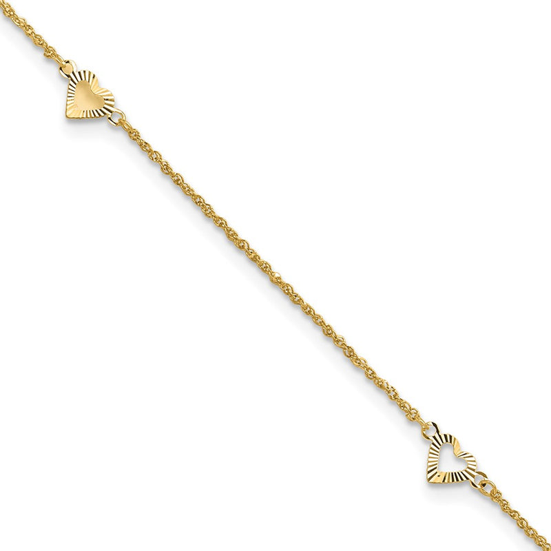 14K Yellow Gold Diamond-Cut Hearts 9in Plus 1in Ext Anklet