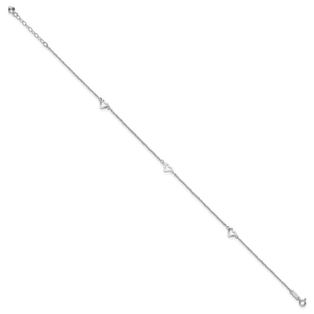 14K White Gold Diamond-Cut Hearts 9in Plus 1in Ext Anklet
