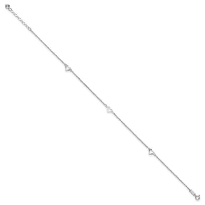 14K White Gold Diamond-Cut Hearts 9in Plus 1in Ext Anklet