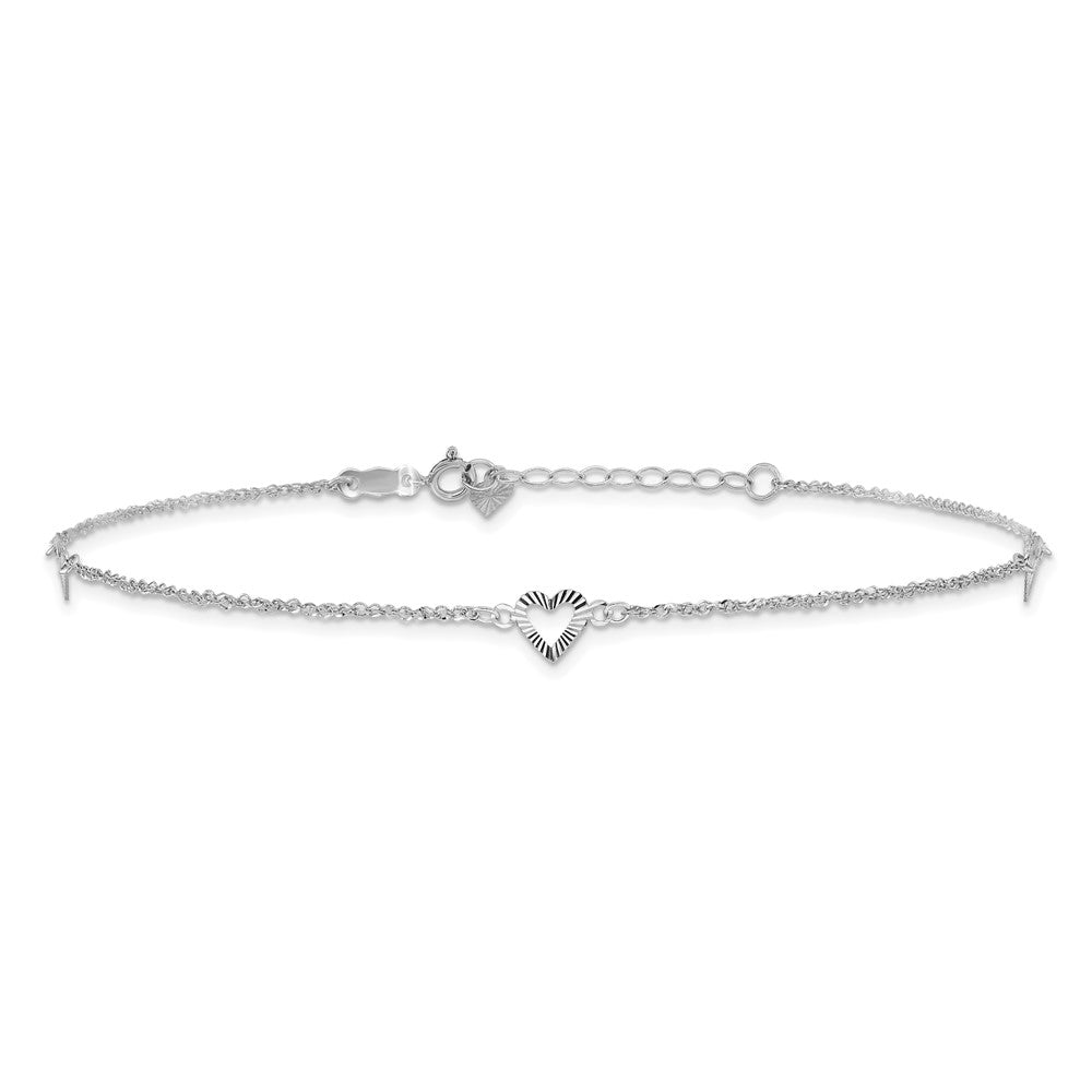 14K White Gold Diamond-Cut Hearts 9in Plus 1in Ext Anklet