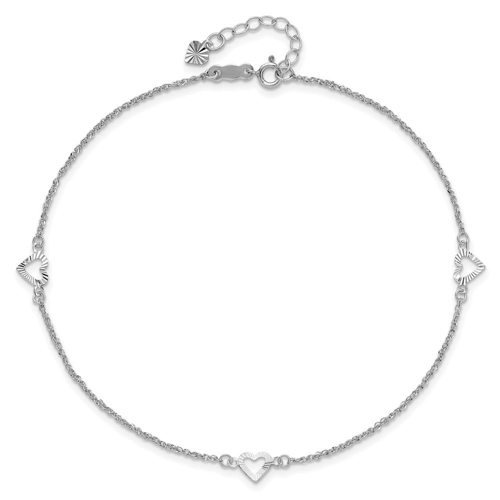 14K White Gold Diamond-Cut Hearts 9in Plus 1in Ext Anklet