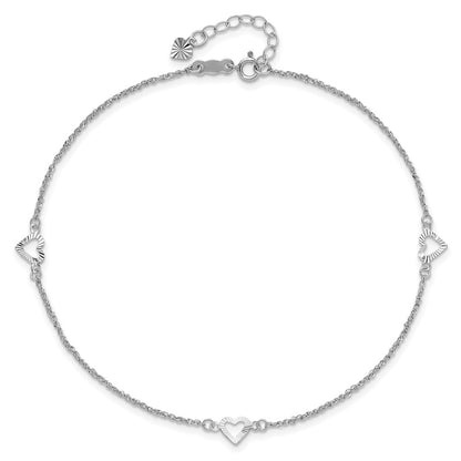 14K White Gold Diamond-Cut Hearts 9in Plus 1in Ext Anklet