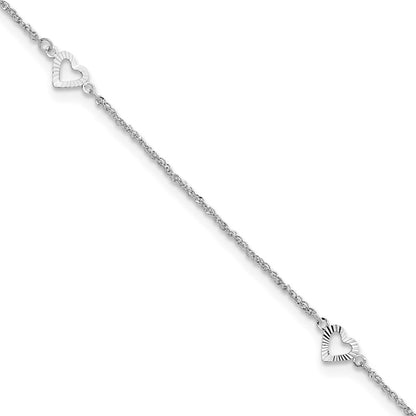 14K White Gold Diamond-Cut Hearts 9in Plus 1in Ext Anklet