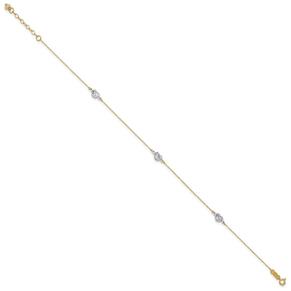 14K Two-Tone Puff Heart 9in Plus 1in Ext Anklet