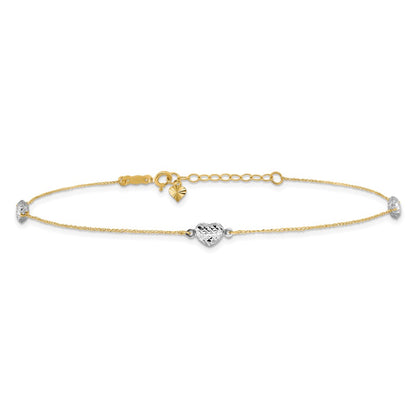 14K Two-Tone Puff Heart 9in Plus 1in Ext Anklet
