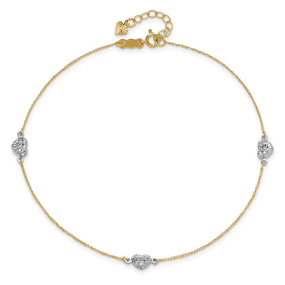 14K Two-Tone Puff Heart 9in Plus 1in Ext Anklet