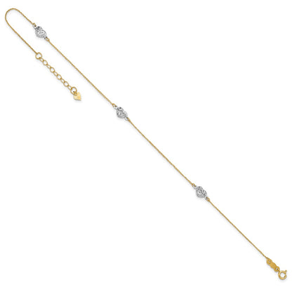 14K Two-Tone Puff Heart 9in Plus 1in Ext Anklet