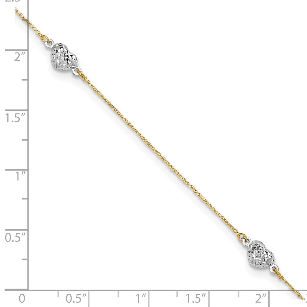 14K Two-Tone Puff Heart 9in Plus 1in Ext Anklet